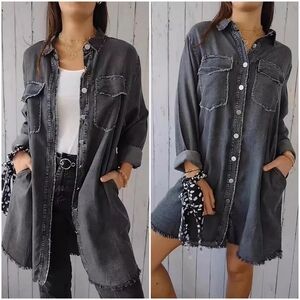 💇‍♀️Gray Denim Button Front Raw Fringe Hem Utility Long Sleeve Jacket 3X